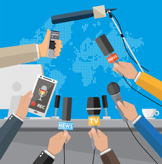 Rostrum, tribune and hands of journalists with microphones and digital voice recorders. Press conference concept, news, media, journalism. Vector illustration in flat style