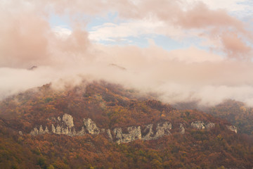 Beautiful autumn scenery in the mountains with mist clouds, pine trees and colorful foliage