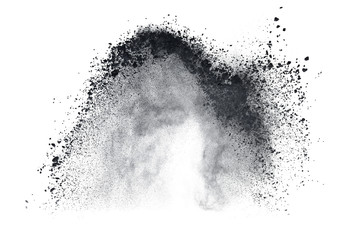 Black powder or flour explosion isolated on white background  freeze stop motion object design