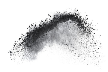 Black powder or flour explosion isolated on white background  freeze stop motion object design - obrazy, fototapety, plakaty