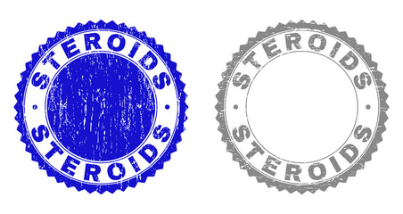 Grunge STEROIDS stamp seals isolated on a white background. Rosette seals with grunge texture in blue and gray colors. Vector rubber stamp imprint of STEROIDS text inside round rosette.