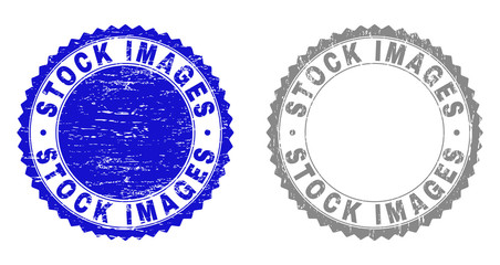 Obraz premium Grunge STOCK IMAGES stamp seals isolated on a white background. Rosette seals with distress texture in blue and grey colors. Vector rubber stamp imitation of STOCK IMAGES label inside round rosette.