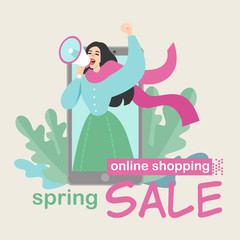 Creative vector illustration concept of online sales and advertising in mobile applications with a girl talking in a megaphone