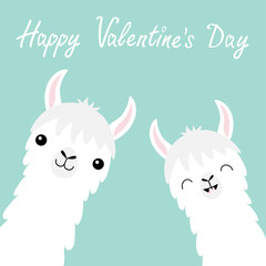 Happy Valentines Day. Llama alpaca animal set. Face neck. Cute cartoon funny kawaii smiling baby character. Fluffy hair fur. Love greeting card. Flat design. Blue background © worldofvector