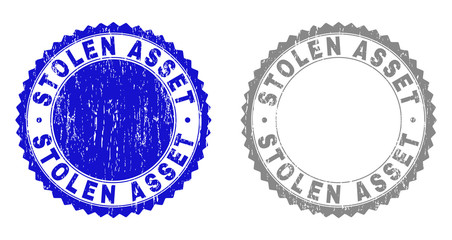 Grunge STOLEN ASSET stamp seals isolated on a white background. Rosette seals with grunge texture in blue and grey colors. Vector rubber stamp imitation of STOLEN ASSET label inside round rosette.