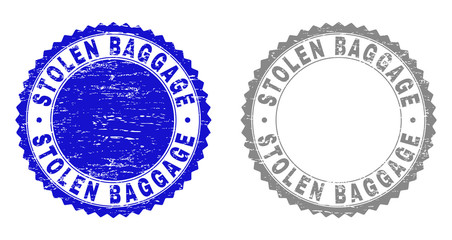 Grunge STOLEN BAGGAGE stamp seals isolated on a white background. Rosette seals with grunge texture in blue and gray colors. Vector rubber stamp imprint of STOLEN BAGGAGE tag inside round rosette.