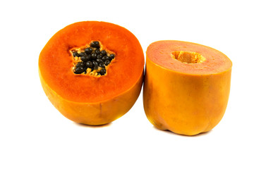 Sweet papaya fruit cut half isolate on white