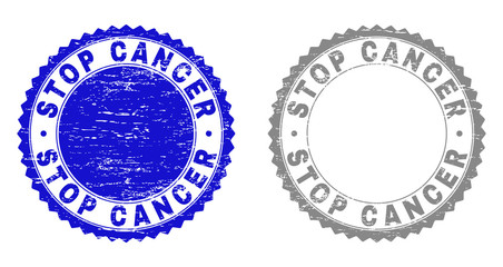 Grunge STOP CANCER stamp seals isolated on a white background. Rosette seals with grunge texture in blue and gray colors. Vector rubber stamp imitation of STOP CANCER tag inside round rosette.