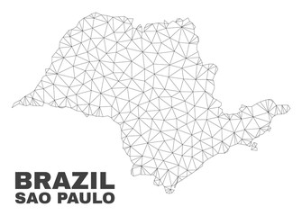 Abstract Sao Paulo State map isolated on a white background. Triangular mesh model in black color of Sao Paulo State map. Polygonal geographic scheme designed for political illustrations.