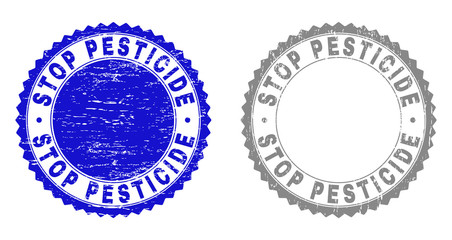 Grunge STOP PESTICIDE stamp seals isolated on a white background. Rosette seals with grunge texture in blue and grey colors. Vector rubber stamp imprint of STOP PESTICIDE label inside round rosette.