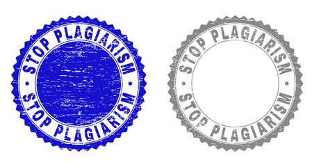 Grunge STOP PLAGIARISM stamp seals isolated on a white background. Rosette seals with grunge texture in blue and grey colors. Vector rubber stamp imitation of STOP PLAGIARISM tag inside round rosette.