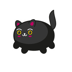 Cute Cartoon Kawaii Black Cat on White Background. Vector