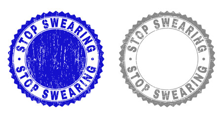 Grunge STOP SWEARING stamp seals isolated on a white background. Rosette seals with distress texture in blue and grey colors. Vector rubber stamp imprint of STOP SWEARING label inside round rosette.