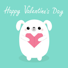 Happy Valentines Day. White baby dog puppy head face holding pink origami paper heart. Cute cartoon kawaii funny animal character. Love card. Flat design. Isolated. Blue background.