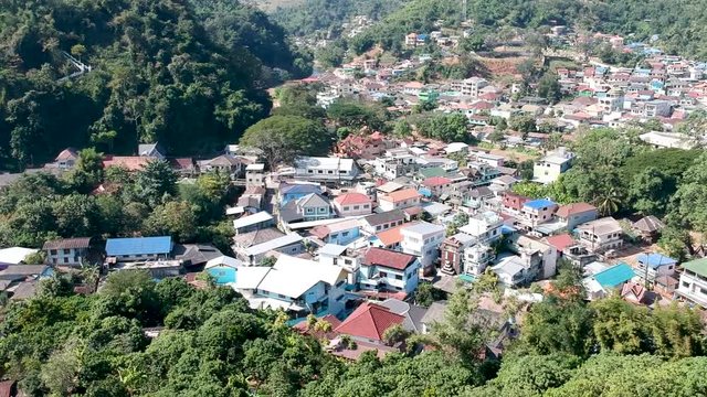 Drone flying over the Golden triangle where the borders of Thailand, Laos, and Myanmar meet