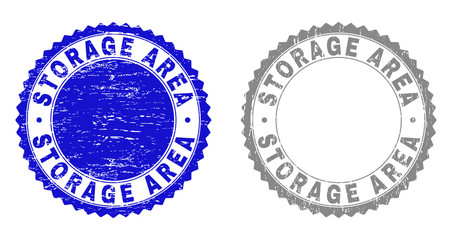 Grunge STORAGE AREA stamp seals isolated on a white background. Rosette seals with grunge texture in blue and grey colors. Vector rubber stamp imprint of STORAGE AREA tag inside round rosette.