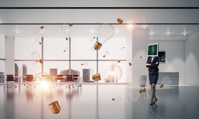 Obraz premium Business woman with monitor instead of head.