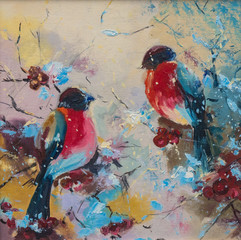 painting, two birds on a branch in the winter forest