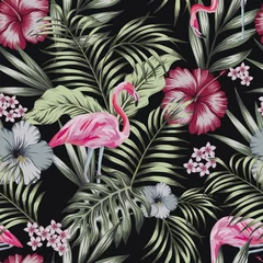 Wallpaper murals Tropical set 1 Flamingo night jungle seamless black background
