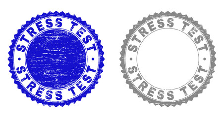 Grunge STRESS TEST stamp seals isolated on a white background. Rosette seals with grunge texture in blue and gray colors. Vector rubber stamp imitation of STRESS TEST label inside round rosette.