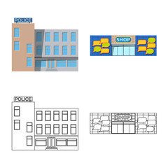 Vector illustration of building and front icon. Collection of building and roof stock symbol for web.