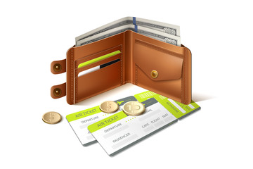 Vector leather wallet banknotes 3d flight ticket