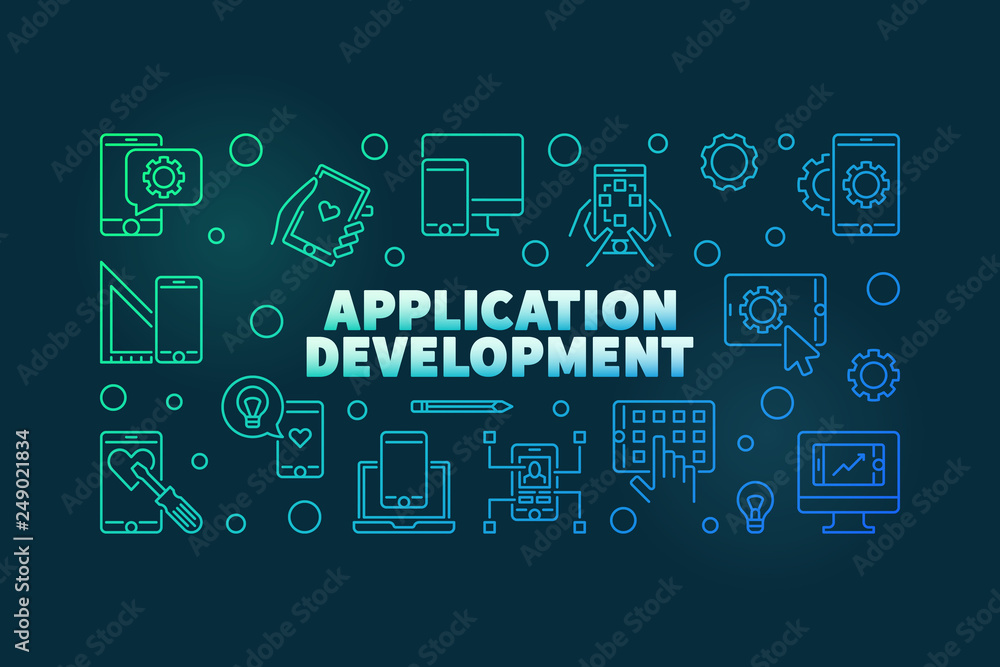 Poster application development vector colored concept horizontal illustration or banner in thin line style