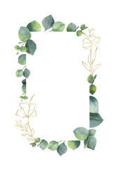 Watercolor vector frame with green eucalyptus leaves and gold elements