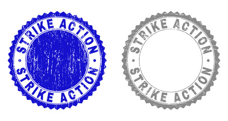 Grunge STRIKE ACTION stamp seals isolated on a white background. Rosette seals with grunge texture in blue and gray colors. Vector rubber overlay of STRIKE ACTION caption inside round rosette.