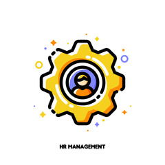 Icon of yellow gear with employee silhouette for human resources management concept. Flat filled outline style. Pixel perfect 64x64. Editable stroke
