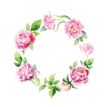 Watercolor vector hand painting wreath of peony flowers and green leaves.