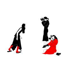 Hand drawn vector of a fashion women. Girl in trendy clothes. Monochrome graphic sketch. 