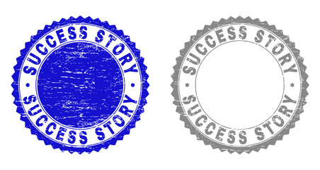 Grunge SUCCESS STORY stamp seals isolated on a white background. Rosette seals with grunge texture in blue and grey colors. Vector rubber stamp imitation of SUCCESS STORY tag inside round rosette.