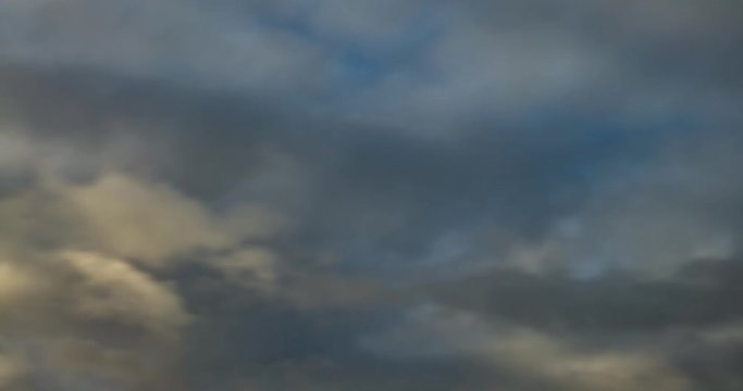 Time lapse clip of grey fluffy curly rolling clouds until storm. strong gale wind