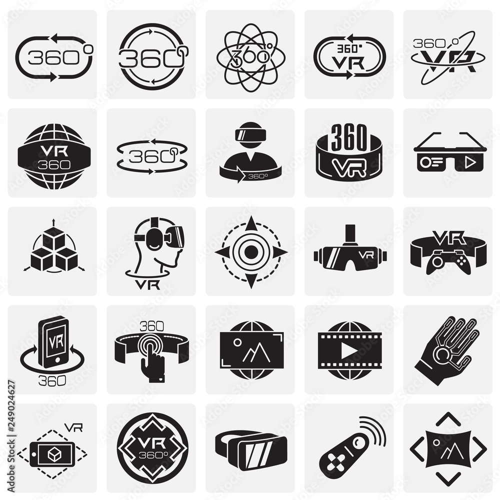 Poster virtual reality icons set on squares background for graphic and web design, modern simple vector sig