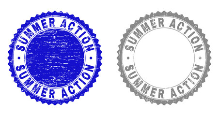 Grunge SUMMER ACTION stamp seals isolated on a white background. Rosette seals with grunge texture in blue and grey colors. Vector rubber overlay of SUMMER ACTION caption inside round rosette.