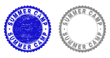 Obraz premium Grunge SUMMER CAMP stamp seals isolated on a white background. Rosette seals with grunge texture in blue and gray colors. Vector rubber stamp imprint of SUMMER CAMP caption inside round rosette.