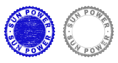 Grunge SUN POWER stamp seals isolated on a white background. Rosette seals with grunge texture in blue and grey colors. Vector rubber overlay of SUN POWER title inside round rosette.