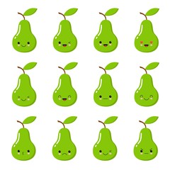 Cute vector set of green pear fruit character in different action emotion. Kawaii style