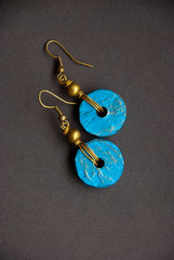 Handmade bronze wire wrapped earrings with turquoise beads of polymer clay.Rustic jewelry.Gypsy...