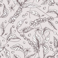 Fototapeta premium Botanical seamless pattern with tropical Coffea or coffee tree branches, leaves, blooming flowers, buds and fruits drawn with contour lines on light background. Vector illustration for fabric print.
