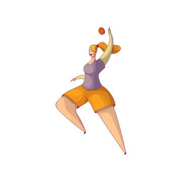 Cheerful young girl in jumping action with ball. Woman playing in basketball. Active lifestyle. Hand drawn vector design