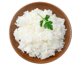 White rice in brown bowl isolated on white background. top view