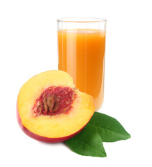 glass of nectarine juice with nectarine fruit and slices isolated on white background.