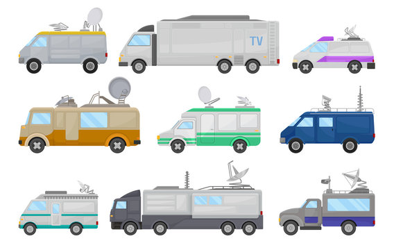 Flat vector set of media cars. Television broadcasting vans, TV news trucks. Mobile TV studio