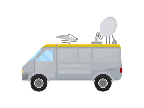 Television broadcasting van. Car with satellite dish antennas on roof, side view. Communication theme. Flat vector icon