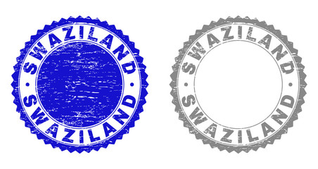 Grunge SWAZILAND stamp seals isolated on a white background. Rosette seals with grunge texture in blue and grey colors. Vector rubber stamp imitation of SWAZILAND text inside round rosette.