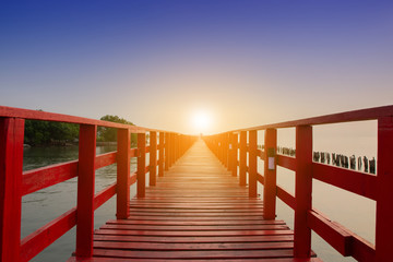Obraz premium Long Bridge at sea view on morning seascape sunrise background