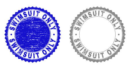 Obraz premium Grunge SWIMSUIT ONLY stamp seals isolated on a white background. Rosette seals with distress texture in blue and grey colors. Vector rubber stamp imprint of SWIMSUIT ONLY tag inside round rosette.