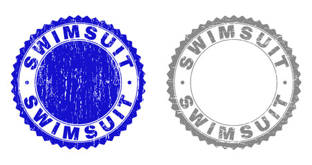 Grunge SWIMSUIT stamp seals isolated on a white background. Rosette seals with distress texture in blue and gray colors. Vector rubber stamp imprint of SWIMSUIT title inside round rosette.